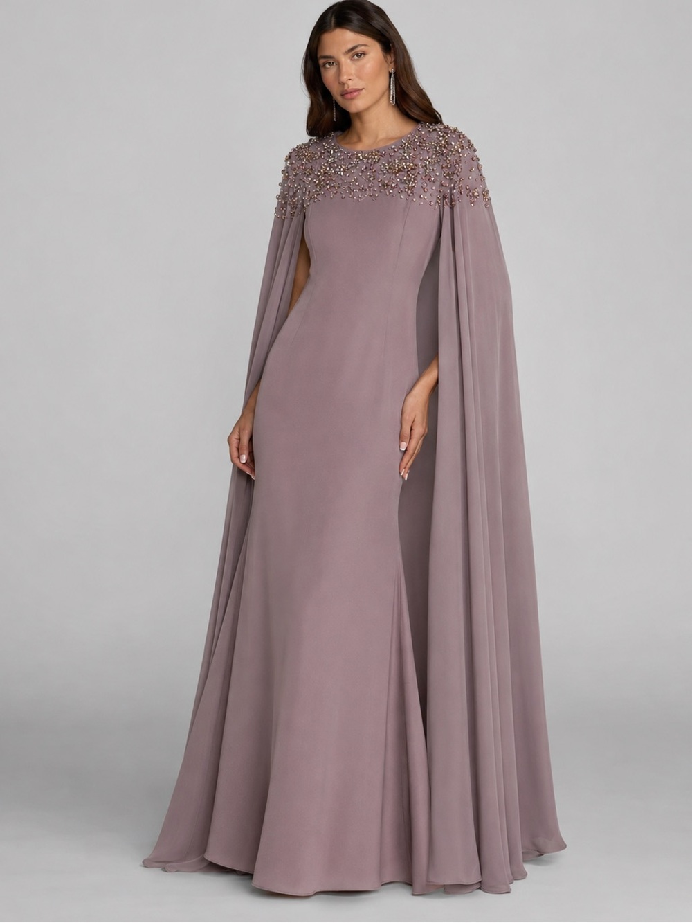 NWT Mac Duggal Rare Couture
Crystal Jeweled Cape Gown
Heather Mauve Size 8